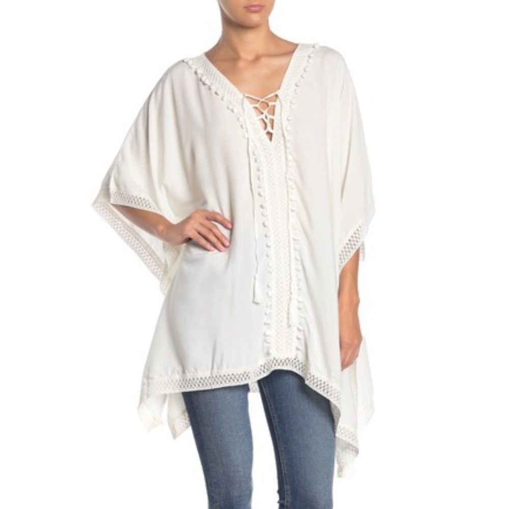 Bindya | Lace-Up Crochet Pompom Trim Tunic | OS